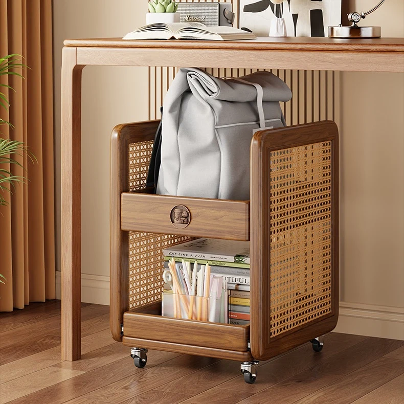 Traditional Vintage Rubberwood Rattan Woven Square Side Table 2-Tier For Living Room