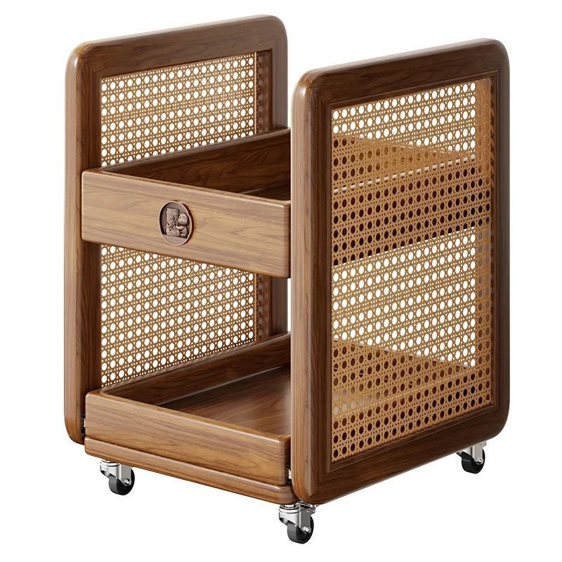 Traditional Vintage Rubberwood Rattan Woven Square Side Table 2-Tier For Living Room