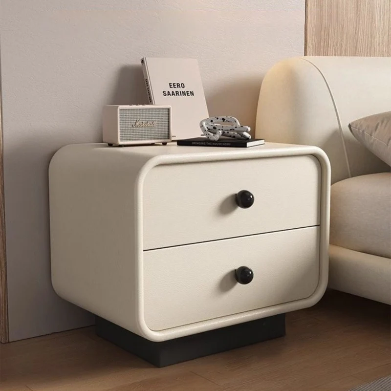 Modern Minimalist Cat-Scratch-Resistant Leather Solid Wood Rounded Square Nightstand 2-Drawer For Bedroom