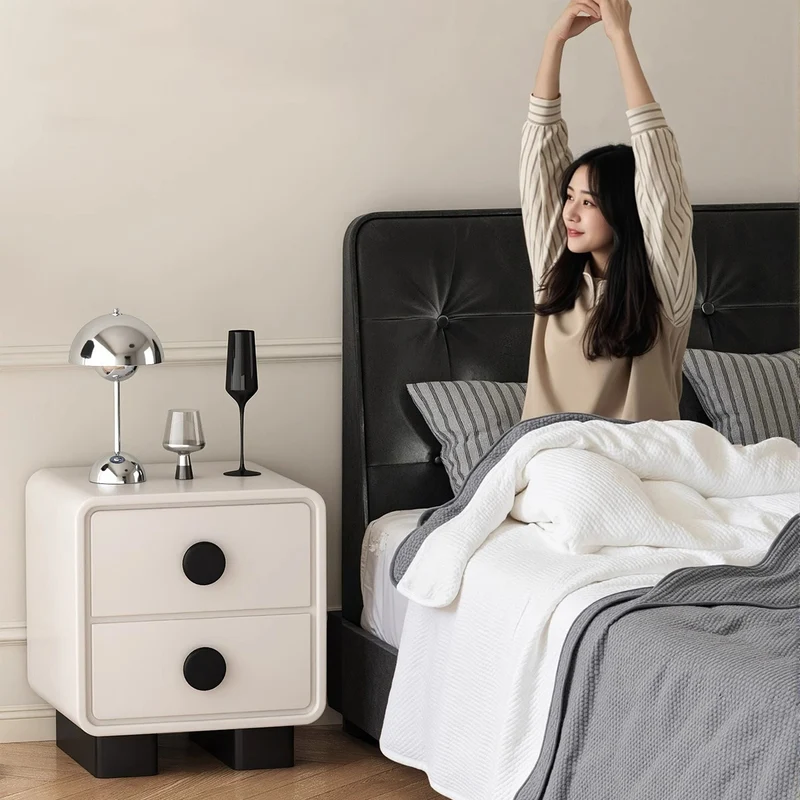 Contemporary Scandinavian Nappa Leather Solid Wood Metal Round Rectangle Nightstand 2-Drawer For Bedroom