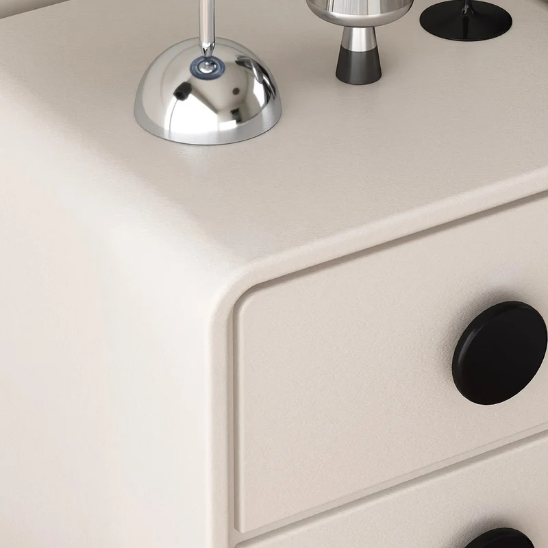 Contemporary Scandinavian Nappa Leather Solid Wood Metal Round Rectangle Nightstand 2-Drawer For Bedroom
