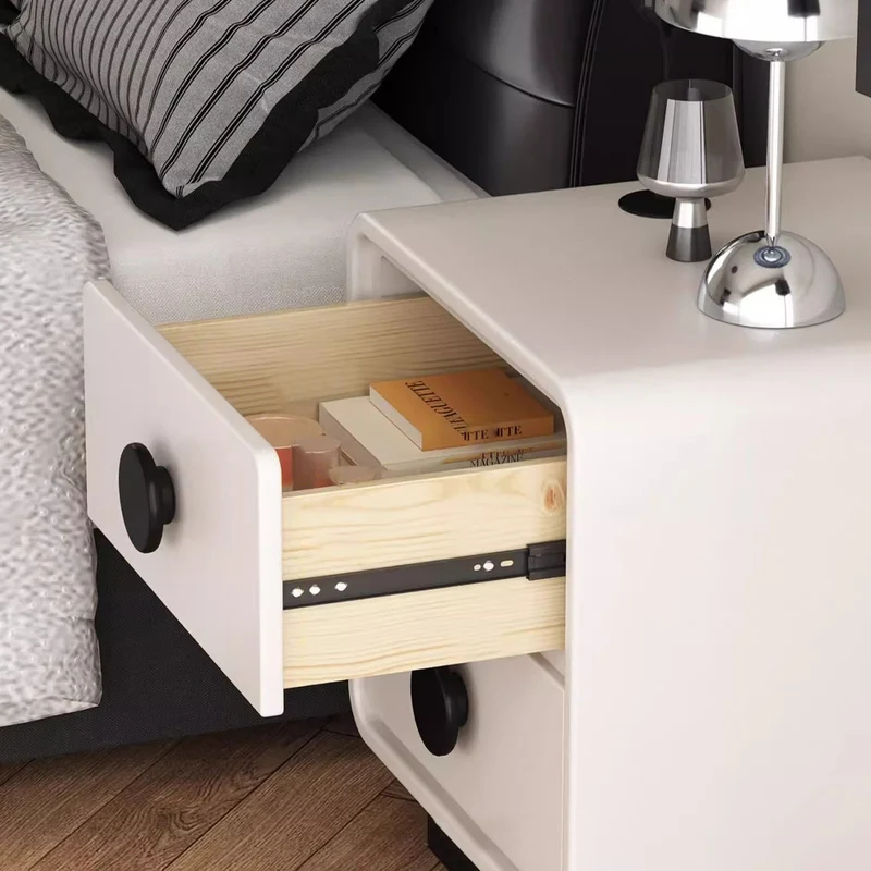 Contemporary Scandinavian Nappa Leather Solid Wood Metal Round Rectangle Nightstand 2-Drawer For Bedroom