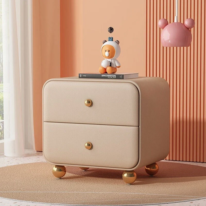 Contemporary Scandinavian Microfiber Leather Solid Wood Metal Ball Square Nightstand 2-Drawer For Bedroom