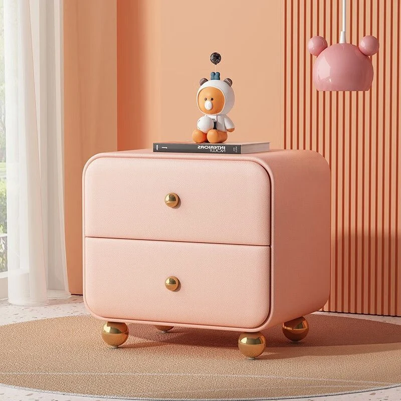 Contemporary Scandinavian Microfiber Leather Solid Wood Metal Ball Square Nightstand 2-Drawer For Bedroom