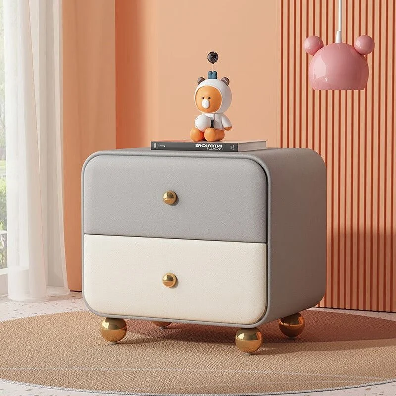 Contemporary Scandinavian Microfiber Leather Solid Wood Metal Ball Square Nightstand 2-Drawer For Bedroom