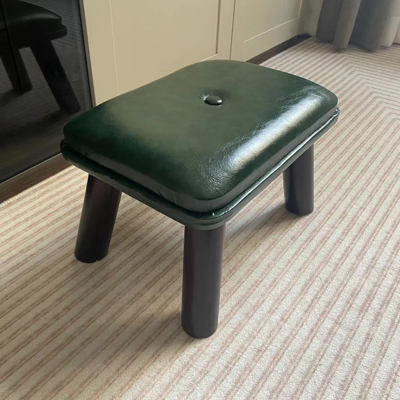 Contemporary Scandinavian Oil Wax Leather Plywood Rectangular Low Stool Backless Armless For Living Room
