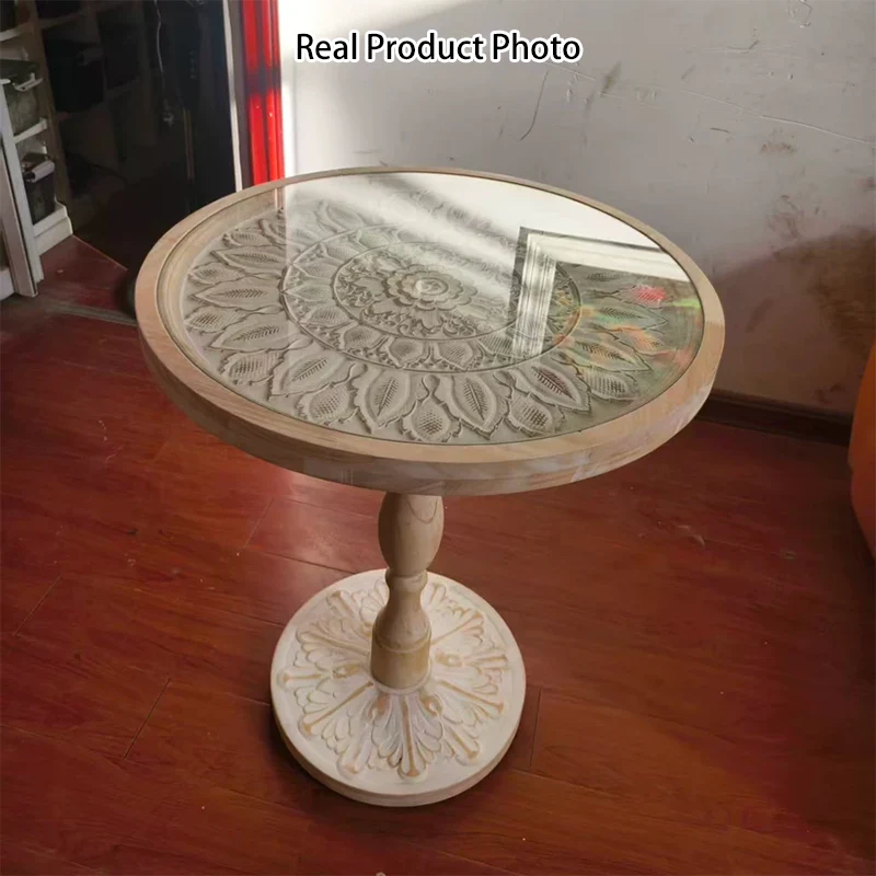 Traditional Vintage Round MDF Cedar Wood Glass Carved End Table For Living Room