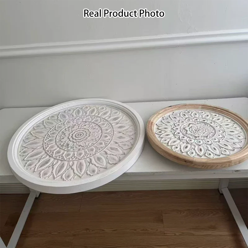 Traditional Vintage Round MDF Cedar Wood Glass Carved End Table For Living Room