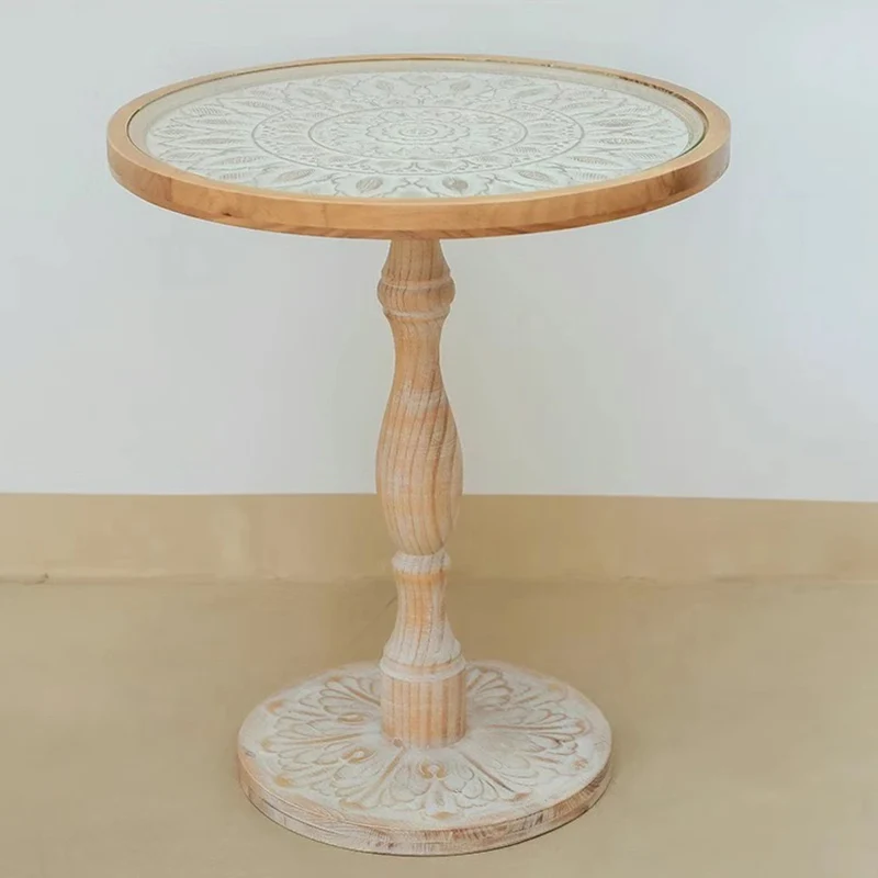Traditional Vintage Round MDF Cedar Wood Glass Carved End Table For Living Room