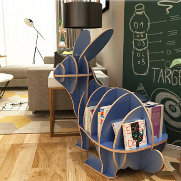Contemporary Creative Rabbit-Shaped Solid Wood Plywood Bookshelf 5-Shelf For Living Room