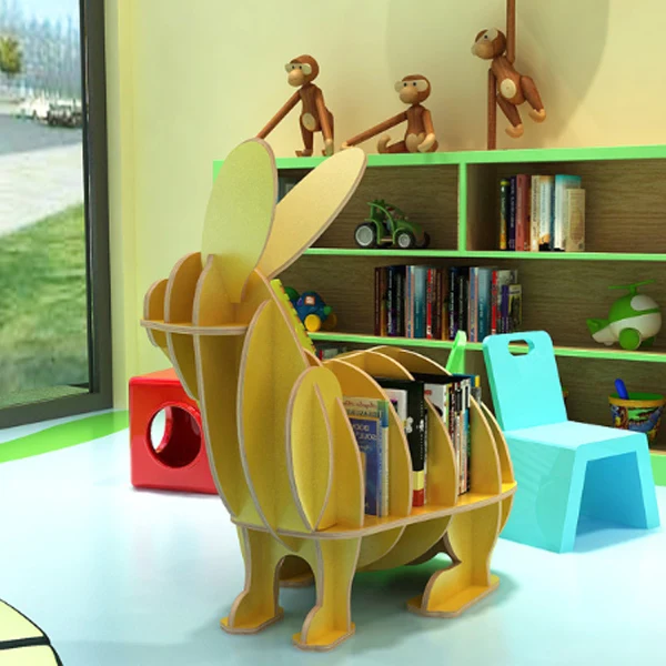 Contemporary Creative Rabbit-Shaped Solid Wood Plywood Bookshelf 5-Shelf For Living Room