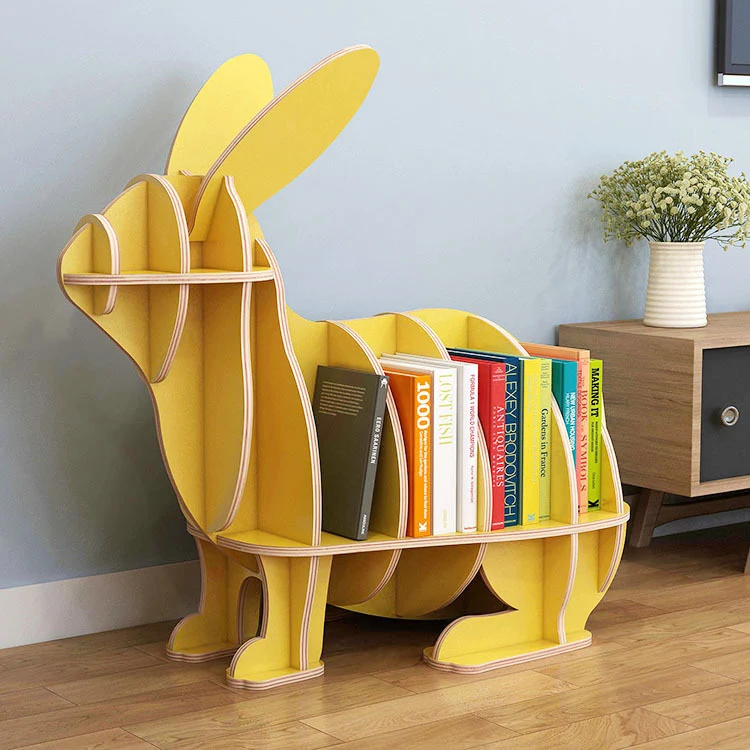 Contemporary Creative Rabbit-Shaped Solid Wood Plywood Bookshelf 5-Shelf For Living Room