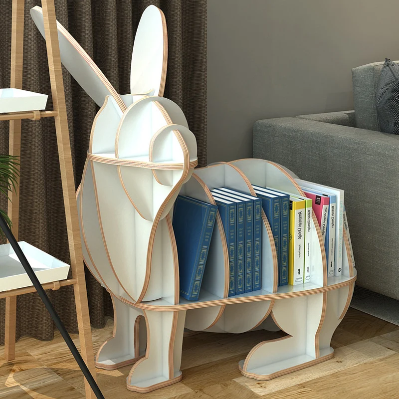 Contemporary Creative Rabbit-Shaped Solid Wood Plywood Bookshelf 5-Shelf For Living Room