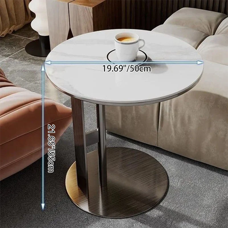 Modern Minimalist Glass Stone Slab Stainless Steel Round End Table 2-Tier For Living Room