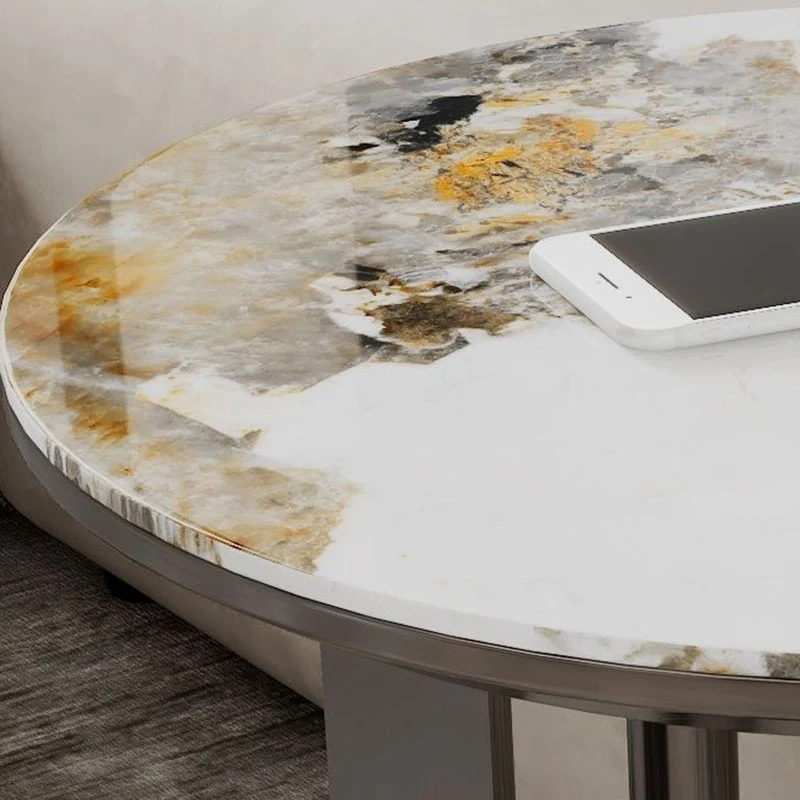Modern Minimalist Glass Stone Slab Stainless Steel Round End Table 2-Tier For Living Room