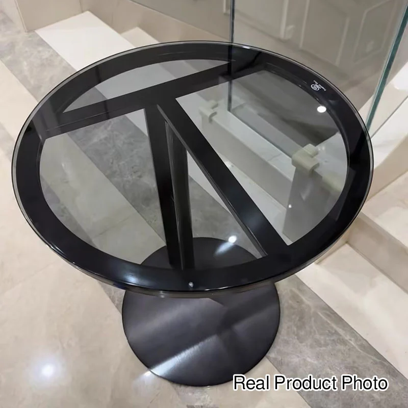 Modern Minimalist Glass Stone Slab Stainless Steel Round End Table 2-Tier For Living Room