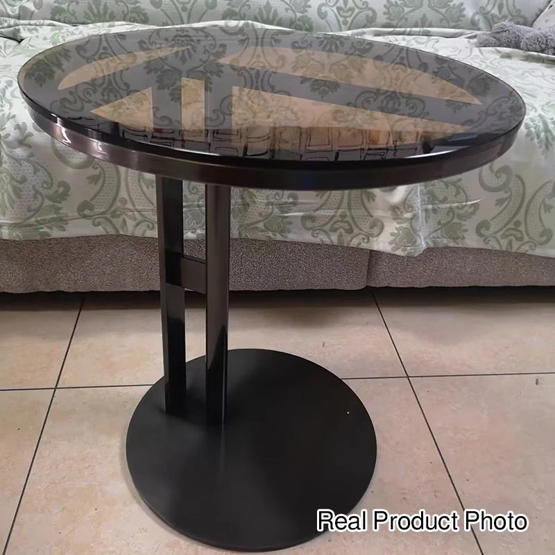 Modern Minimalist Glass Stone Slab Stainless Steel Round End Table 2-Tier For Living Room