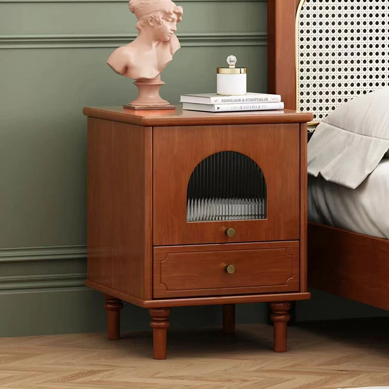 Contemporary Scandinavian Square Plywood Rubberwood Glass Nightstand 1-Drawer For Bedroom