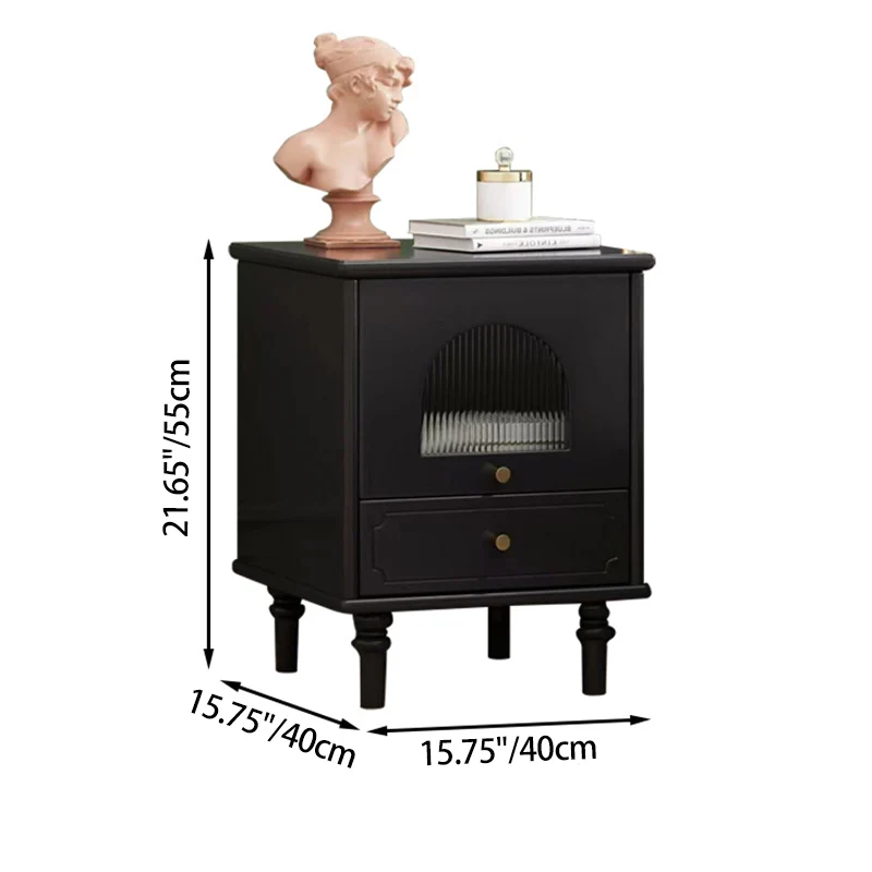 Contemporary Scandinavian Square Plywood Rubberwood Glass Nightstand 1-Drawer For Bedroom