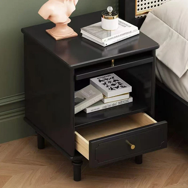 Contemporary Scandinavian Square Plywood Rubberwood Glass Nightstand 1-Drawer For Bedroom