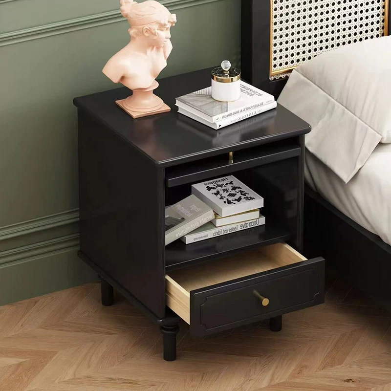 Contemporary Scandinavian Square Plywood Rubberwood Glass Nightstand 1-Drawer For Bedroom
