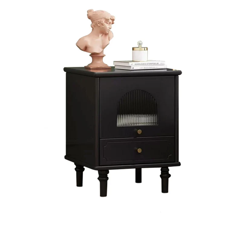 Contemporary Scandinavian Square Plywood Rubberwood Glass Nightstand 1-Drawer For Bedroom
