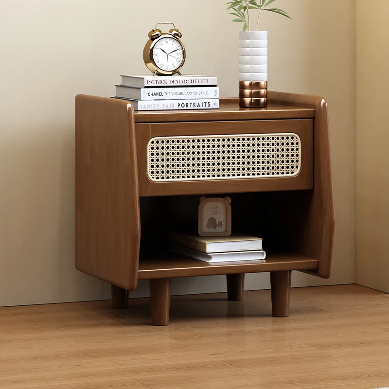 Traditional Rustic Square Rubberwood Plywood Plastic Rattan Weaving Nightstand 1-Drawer For Bedroom