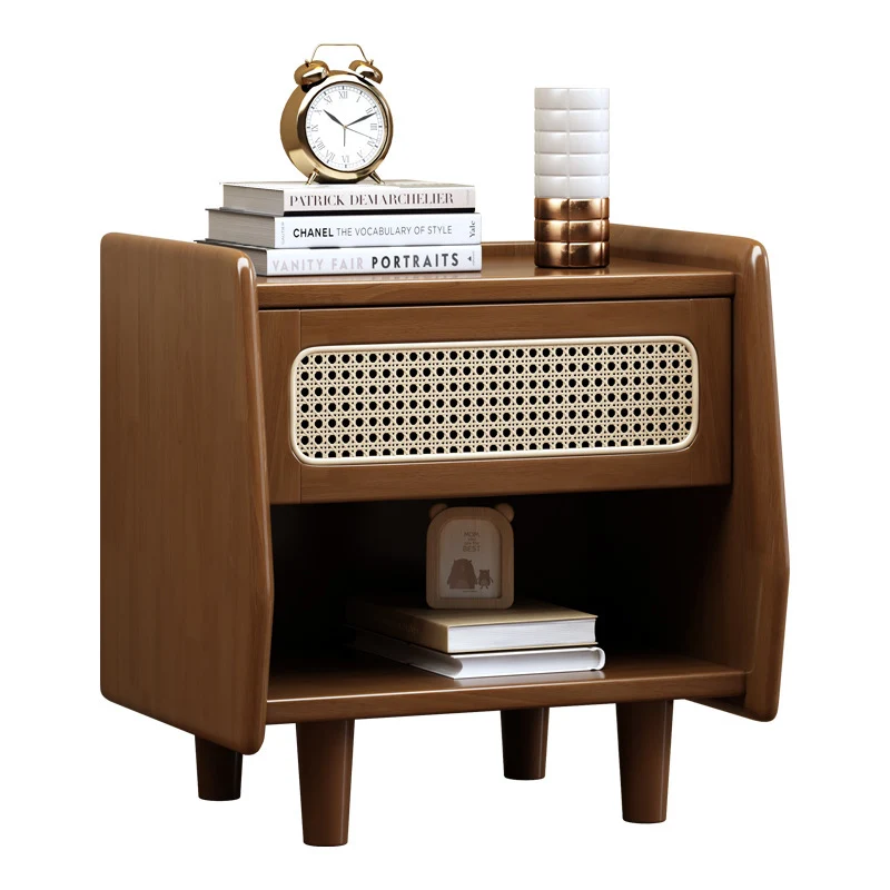 Traditional Rustic Square Rubberwood Plywood Plastic Rattan Weaving Nightstand 1-Drawer For Bedroom