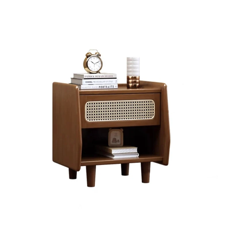 Traditional Rustic Square Rubberwood Plywood Plastic Rattan Weaving Nightstand 1-Drawer For Bedroom