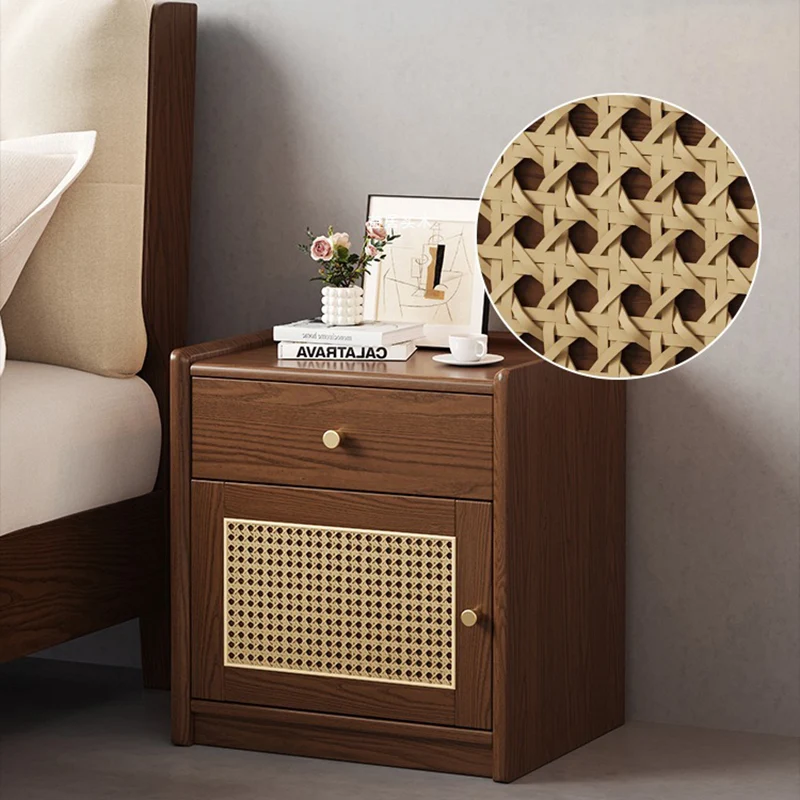 Modern Minimalist Square Rubberwood Plywood Steel Rattan Weaving Safe Deposit Box Nightstand 1-Drawer For Bedroom