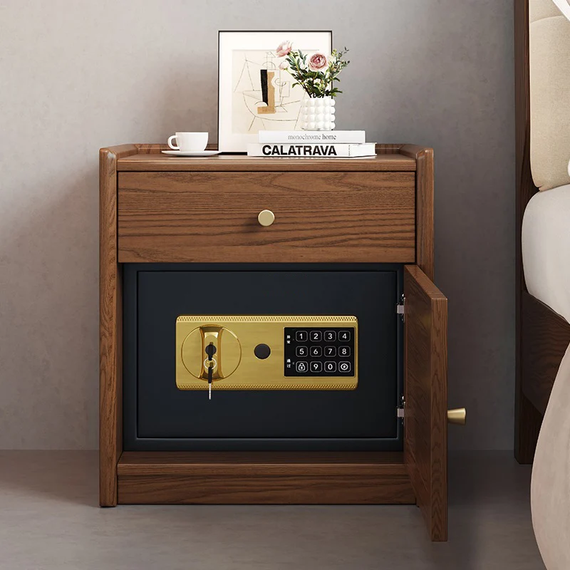 Modern Minimalist Square Rubberwood Plywood Steel Rattan Weaving Safe Deposit Box Nightstand 1-Drawer For Bedroom