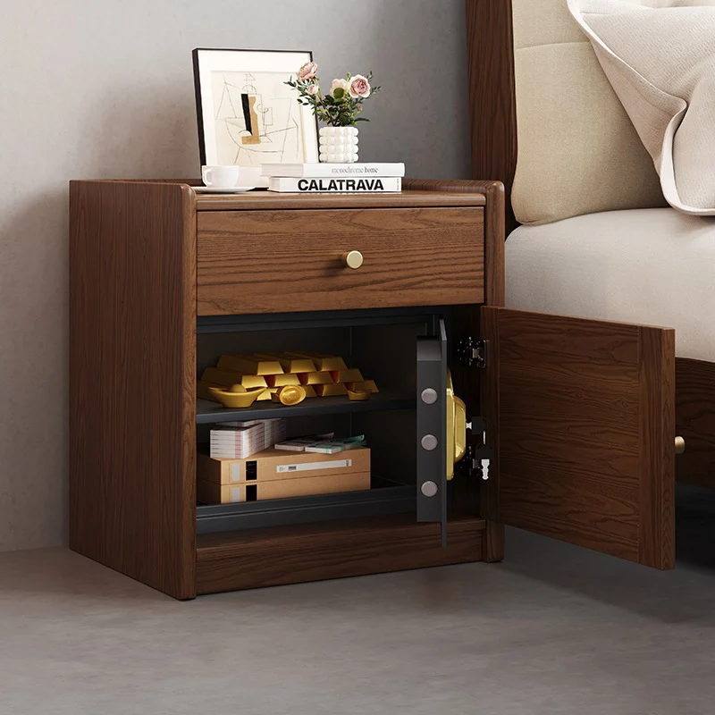 Modern Minimalist Square Rubberwood Plywood Steel Rattan Weaving Safe Deposit Box Nightstand 1-Drawer For Bedroom