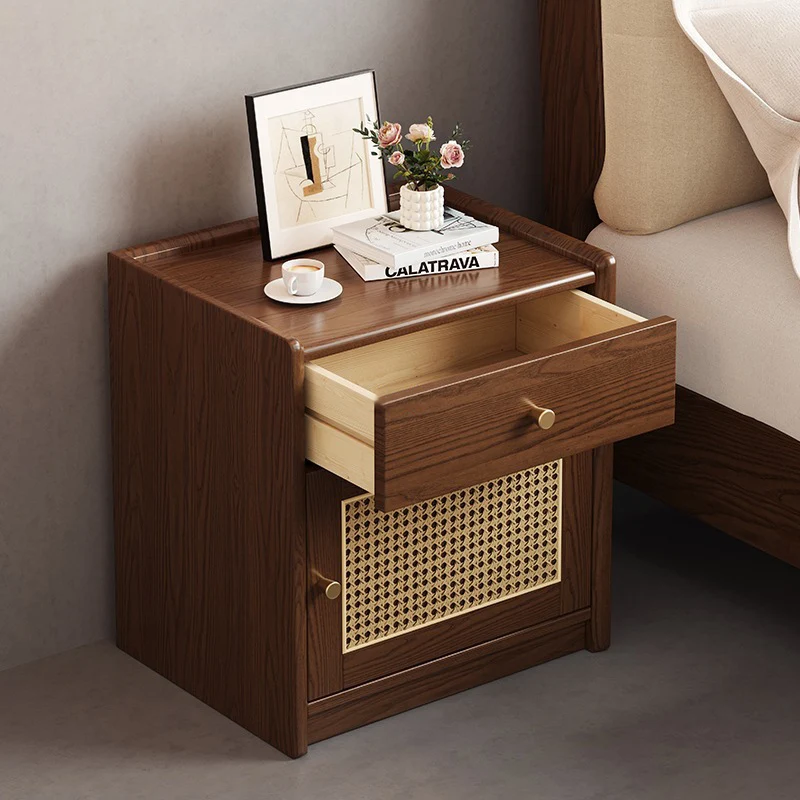 Modern Minimalist Square Rubberwood Plywood Steel Rattan Weaving Safe Deposit Box Nightstand 1-Drawer For Bedroom