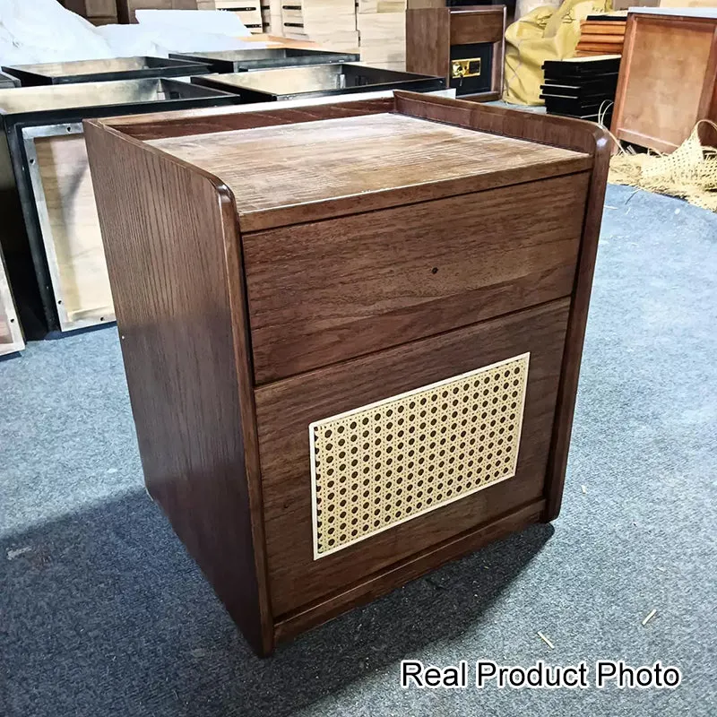 Modern Minimalist Square Rubberwood Plywood Steel Rattan Weaving Safe Deposit Box Nightstand 1-Drawer For Bedroom