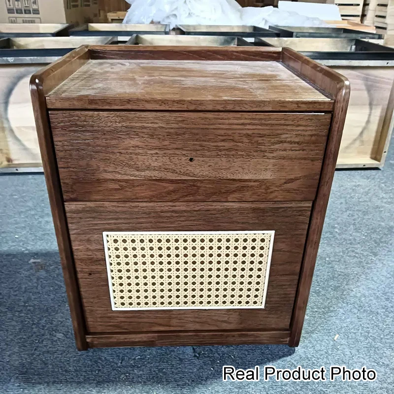 Modern Minimalist Square Rubberwood Plywood Steel Rattan Weaving Safe Deposit Box Nightstand 1-Drawer For Bedroom