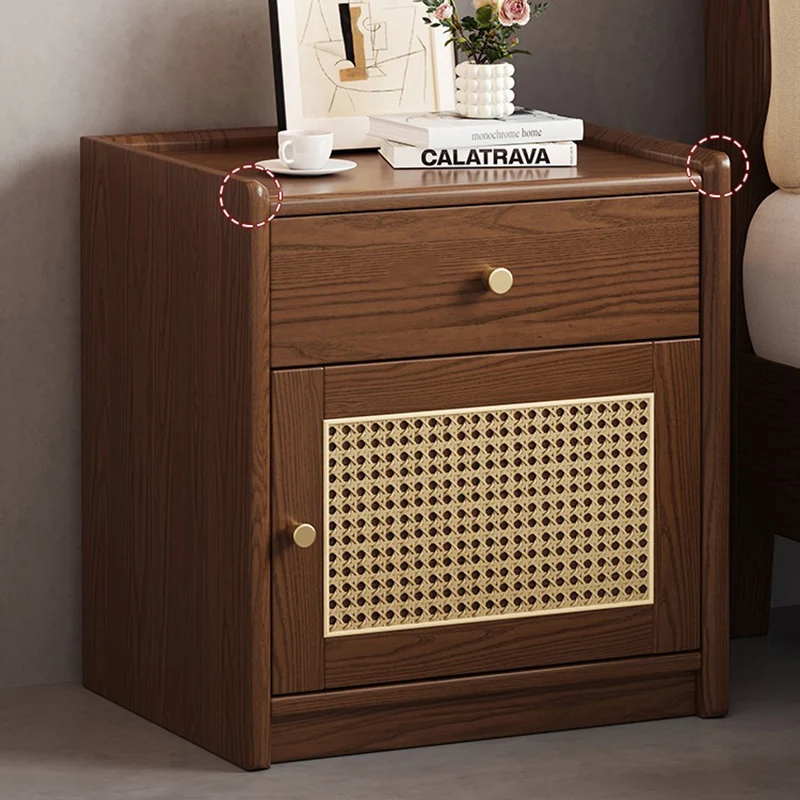 Modern Minimalist Square Rubberwood Plywood Steel Rattan Weaving Safe Deposit Box Nightstand 1-Drawer For Bedroom