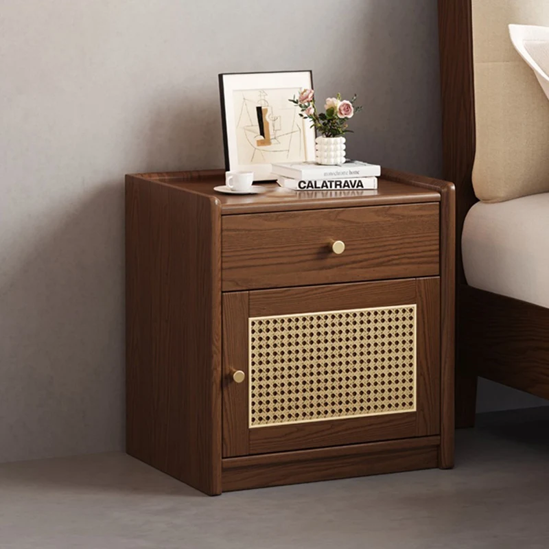 Modern Minimalist Square Rubberwood Plywood Steel Rattan Weaving Safe Deposit Box Nightstand 1-Drawer For Bedroom