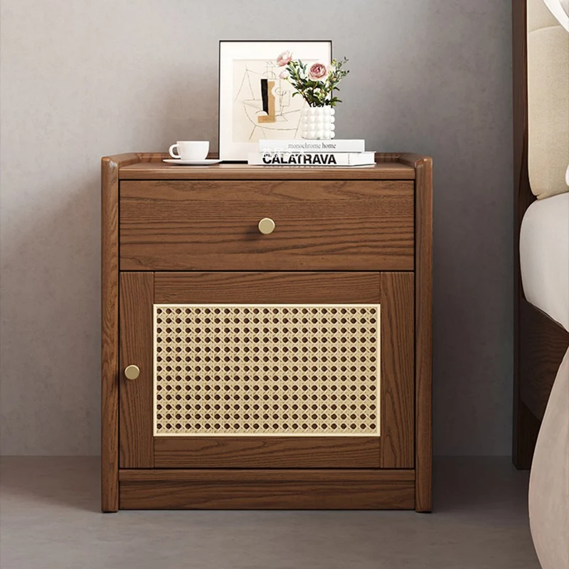 Modern Minimalist Square Rubberwood Plywood Steel Rattan Weaving Safe Deposit Box Nightstand 1-Drawer For Bedroom