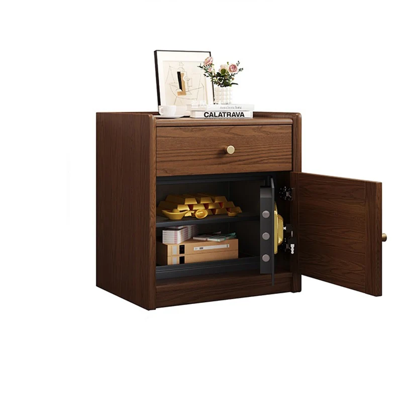 Modern Minimalist Square Rubberwood Plywood Steel Rattan Weaving Safe Deposit Box Nightstand 1-Drawer For Bedroom