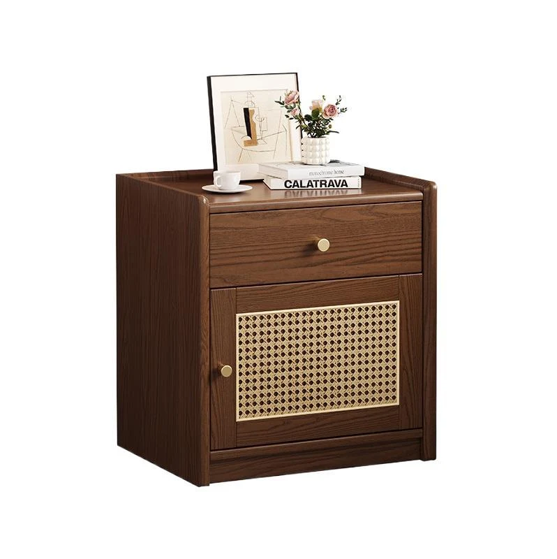 Modern Minimalist Square Rubberwood Plywood Steel Rattan Weaving Safe Deposit Box Nightstand 1-Drawer For Bedroom