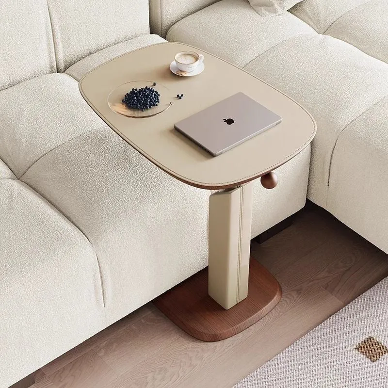 Contemporary Nordic Square Saddle-Style Faux Leather MDF Carbon Steel Liftable Rotatable Side Table 1-Tier For Living Room