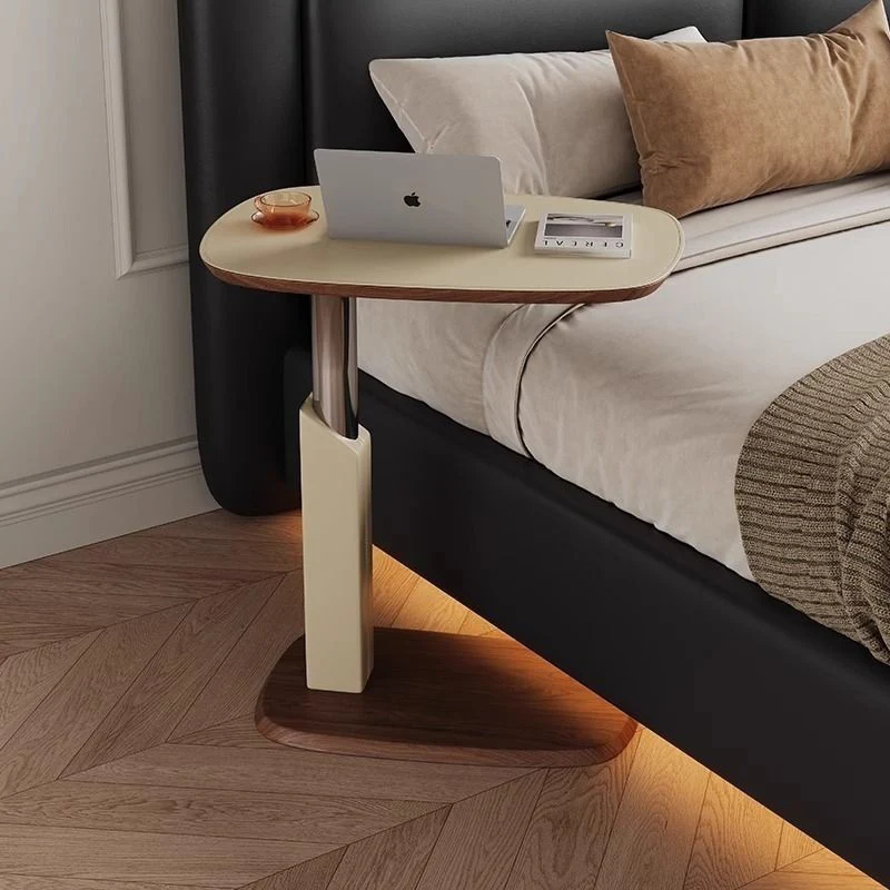 Contemporary Nordic Square Saddle-Style Faux Leather MDF Carbon Steel Liftable Rotatable Side Table 1-Tier For Living Room