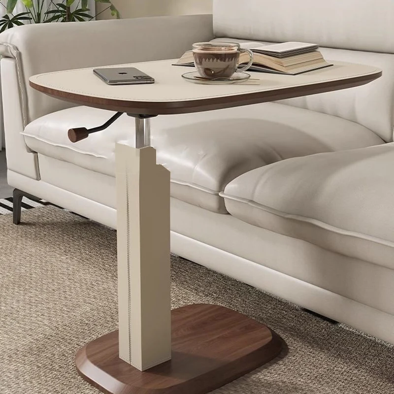 Contemporary Nordic Square Saddle-Style Faux Leather MDF Carbon Steel Liftable Rotatable Side Table 1-Tier For Living Room