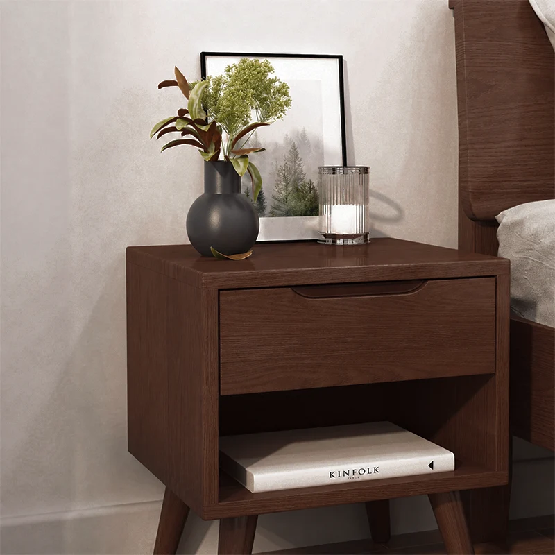 Contemporary Scandinavian Solid Wood & Plywood Cylindrical Square Nightstand With 1/2 Drawers For Bedroom