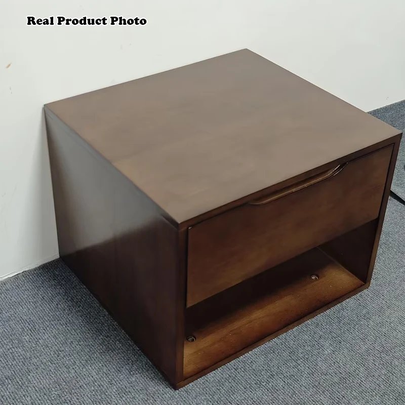 Contemporary Scandinavian Solid Wood & Plywood Cylindrical Square Nightstand With 1/2 Drawers For Bedroom