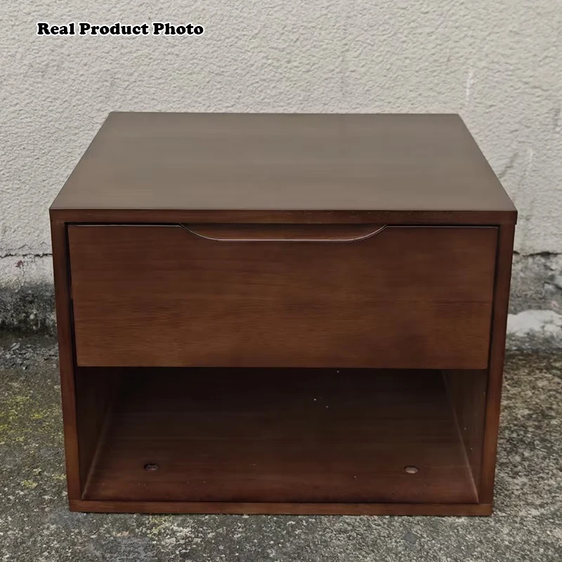 Contemporary Scandinavian Solid Wood & Plywood Cylindrical Square Nightstand With 1/2 Drawers For Bedroom