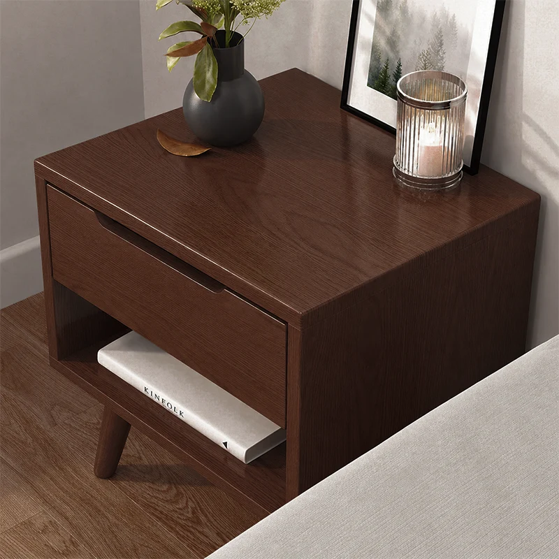 Contemporary Scandinavian Solid Wood & Plywood Cylindrical Square Nightstand With 1/2 Drawers For Bedroom