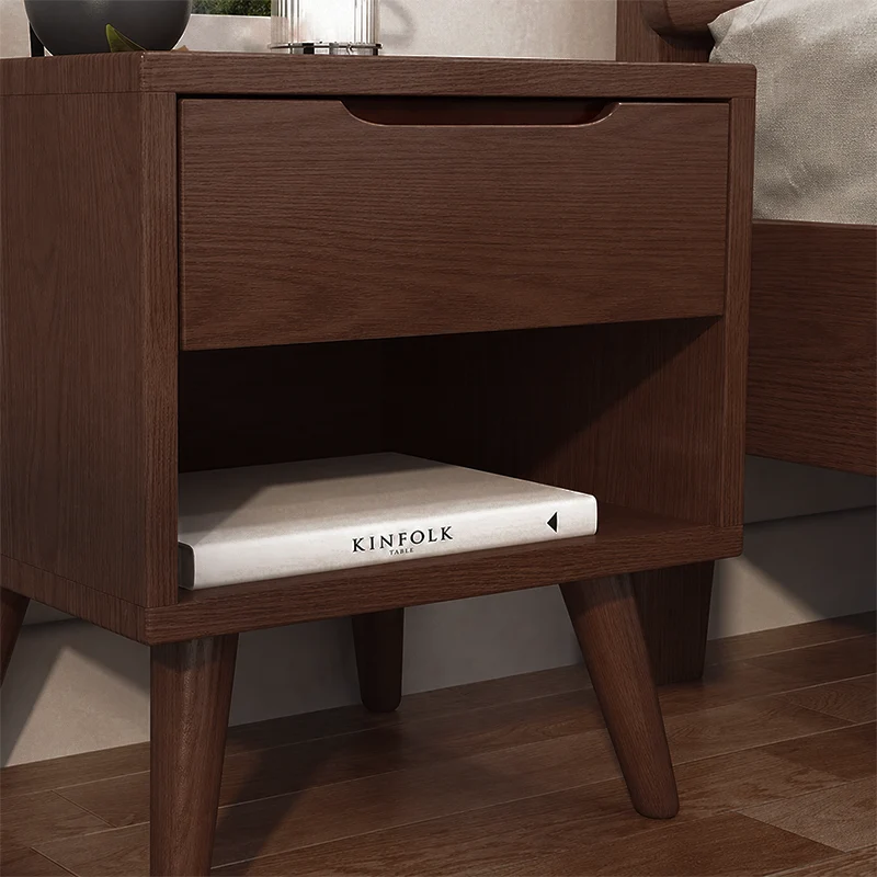 Contemporary Scandinavian Solid Wood & Plywood Cylindrical Square Nightstand With 1/2 Drawers For Bedroom