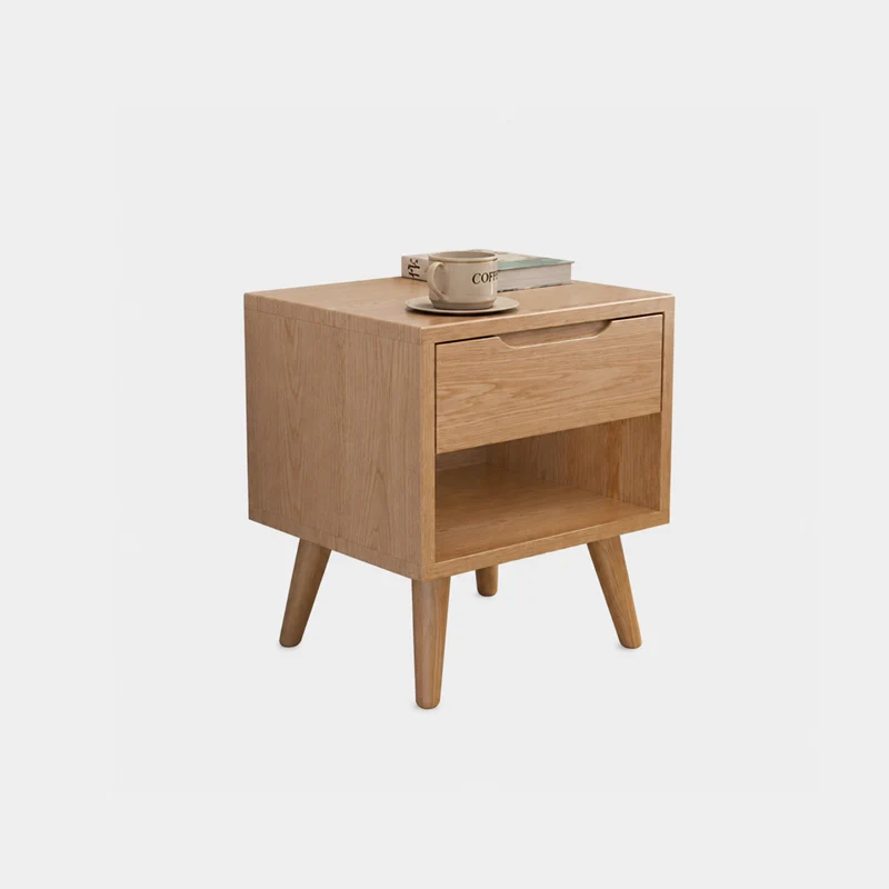 Contemporary Scandinavian Solid Wood & Plywood Cylindrical Square Nightstand With 1/2 Drawers For Bedroom