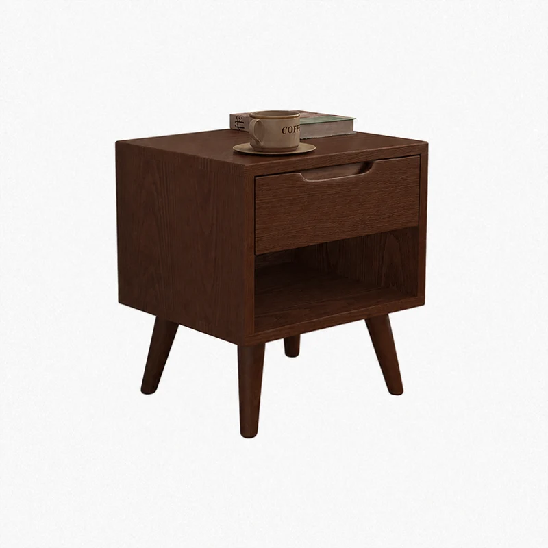 Contemporary Scandinavian Solid Wood & Plywood Cylindrical Square Nightstand With 1/2 Drawers For Bedroom